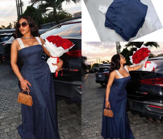 Pinstripe Lace Strap Maxi Dress