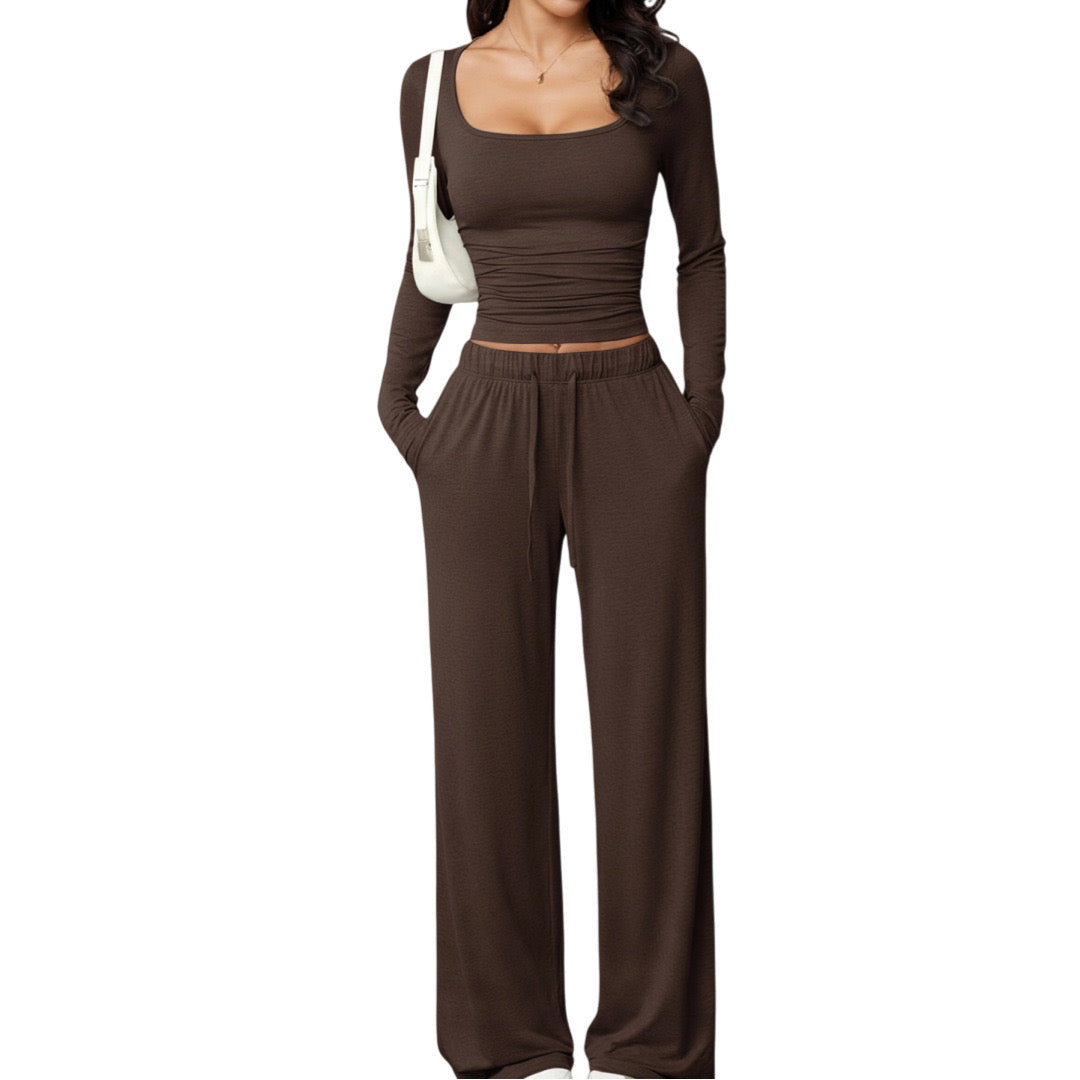 Long Sleeve Crop Top and Wide Leg Pants Set