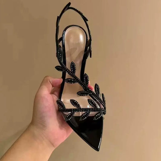 Embellished leaf strap heels