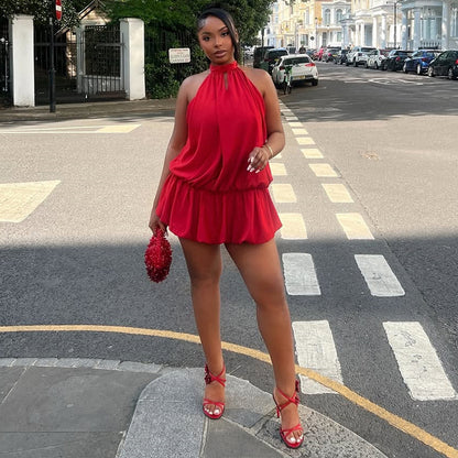 Red halter neck skirt-like dress