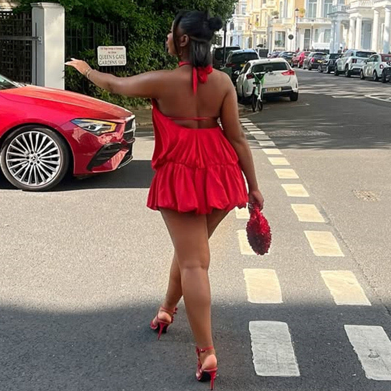 Red halter neck skirt-like dress