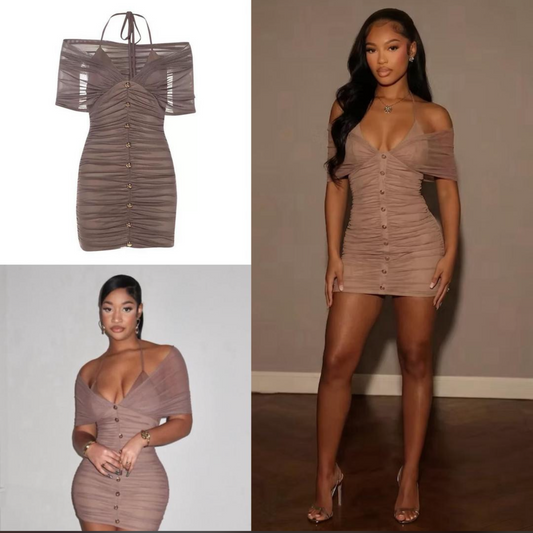 Ruched Off-Shoulder Button Mini Dress
