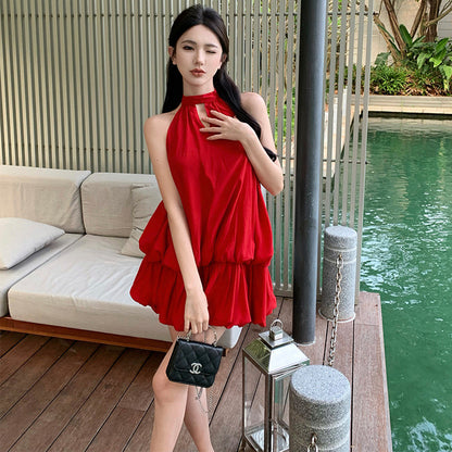 Red halter neck skirt-like dress