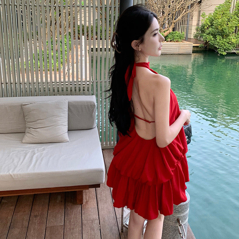 Red halter neck skirt-like dress