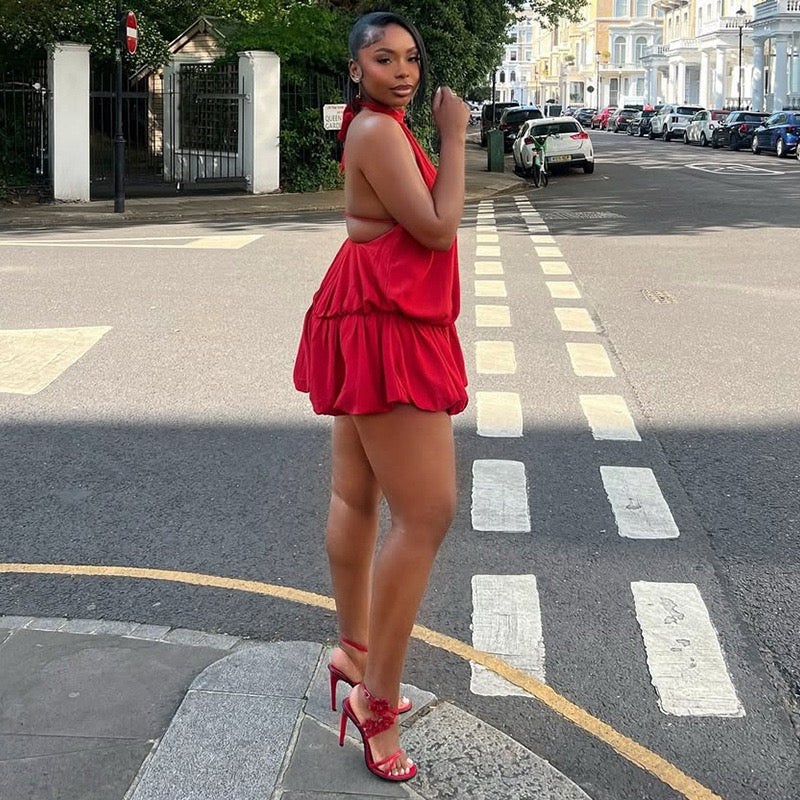 Red halter neck skirt-like dress