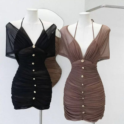 Ruched Off-Shoulder Button Mini Dress