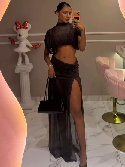 Sheer Cut-Out Ruched Two-Piece Set