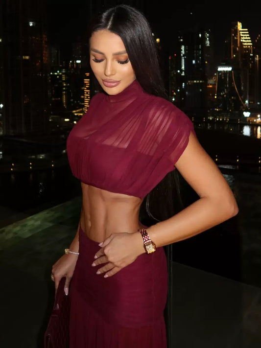 Sheer Cut-Out Ruched Two-Piece Set