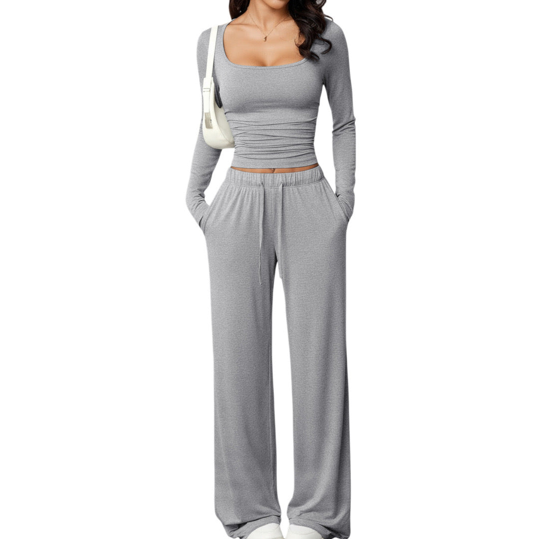 Long Sleeve Crop Top and Wide Leg Pants Set