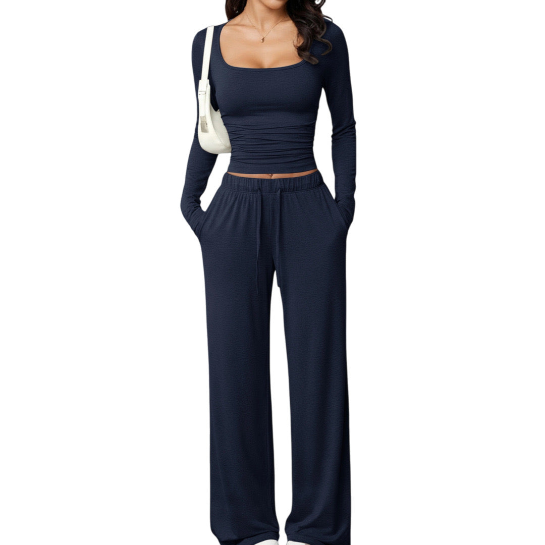 Long Sleeve Crop Top and Wide Leg Pants Set
