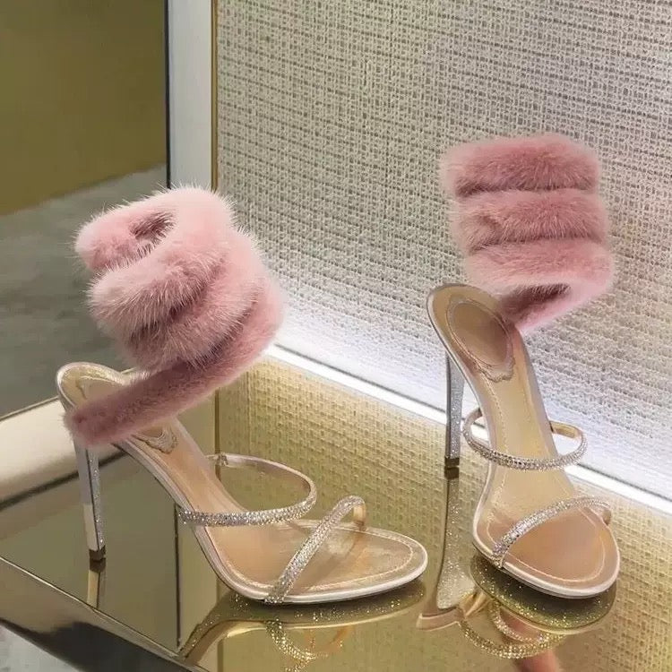 Faux fur strap heels