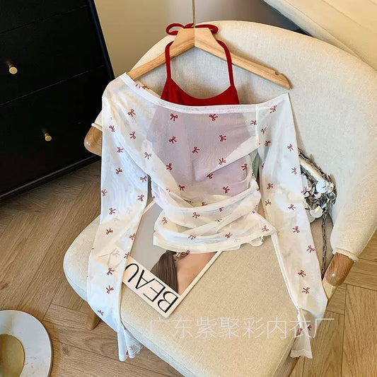 Bow Print Sheer Wrap Top Set