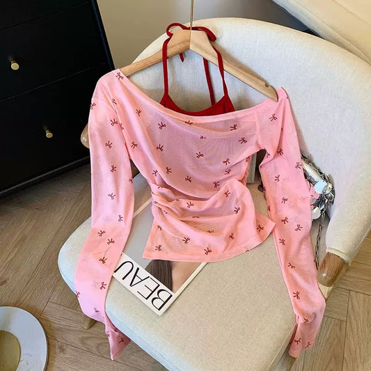 Bow Print Sheer Wrap Top Set