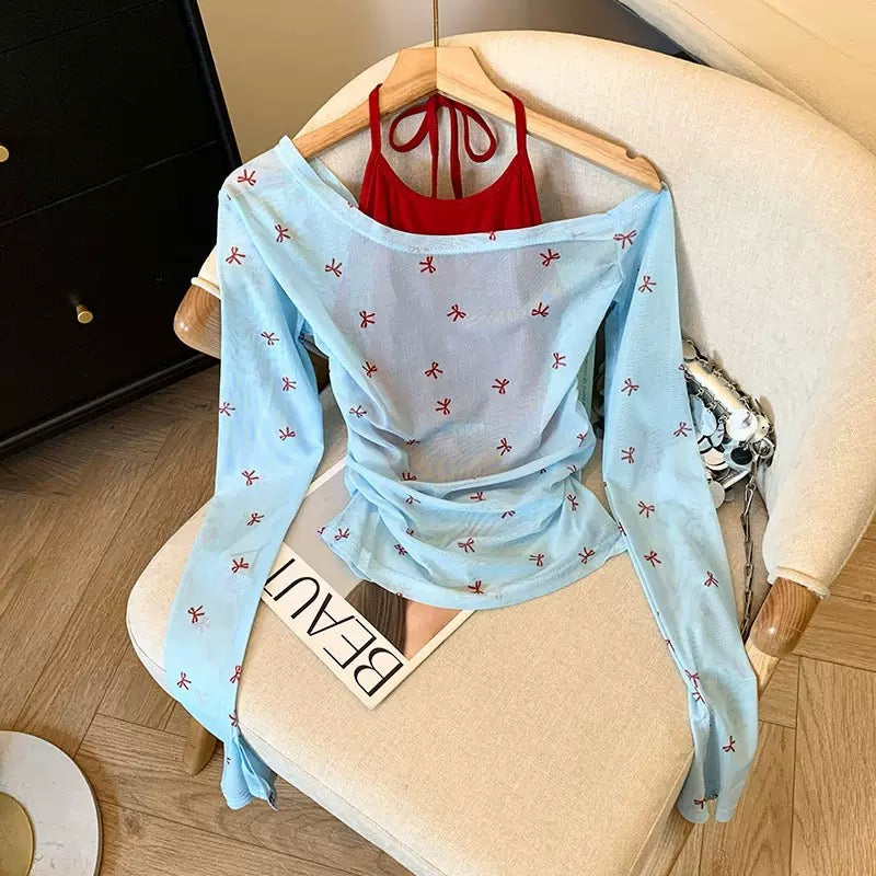 Bow Print Sheer Wrap Top Set