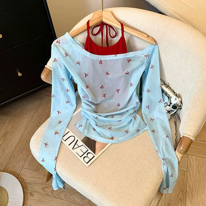 Bow Print Sheer Wrap Top Set