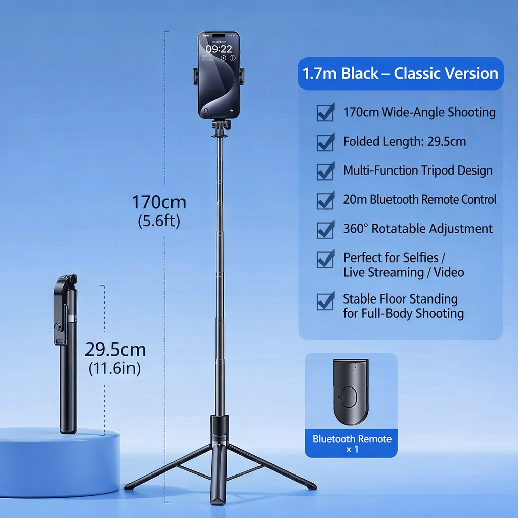 Extendable Tripod Selfie Stick with Remote