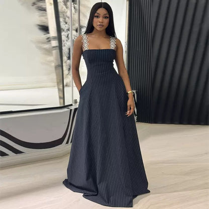 Pinstripe Lace Strap Maxi Dress