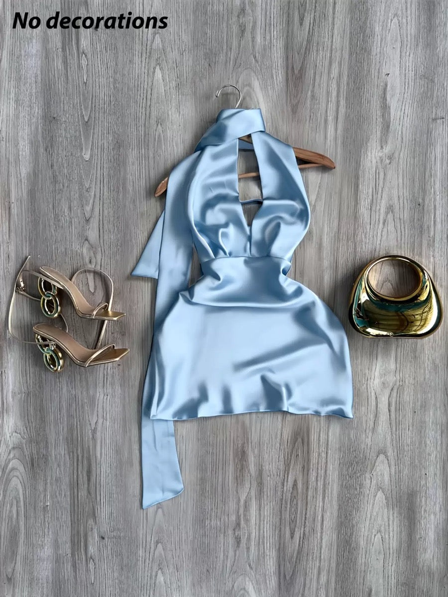Midnight Satin Halter Dress