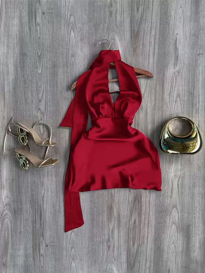 Midnight Satin Halter Dress