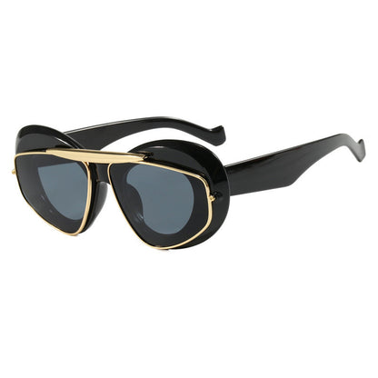 Bold round frame sunglasses with gold bar+ thick arms