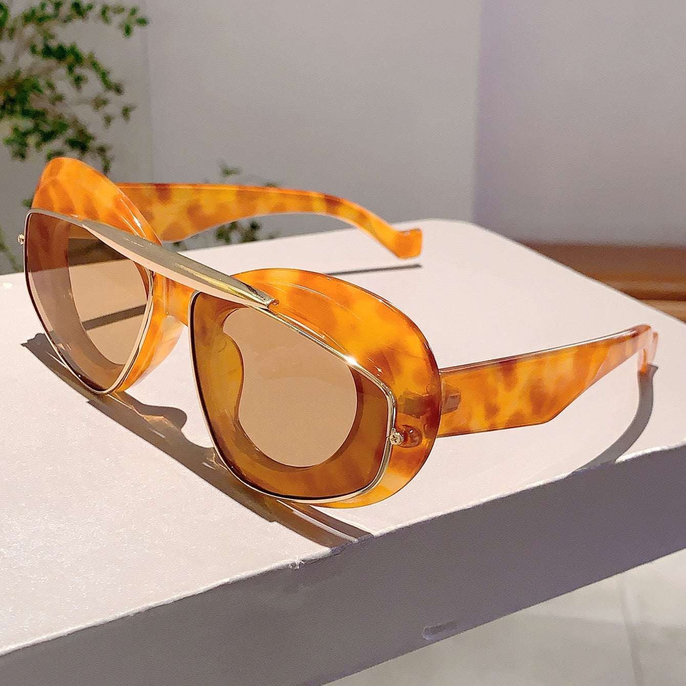 Bold round frame sunglasses with gold bar+ thick arms