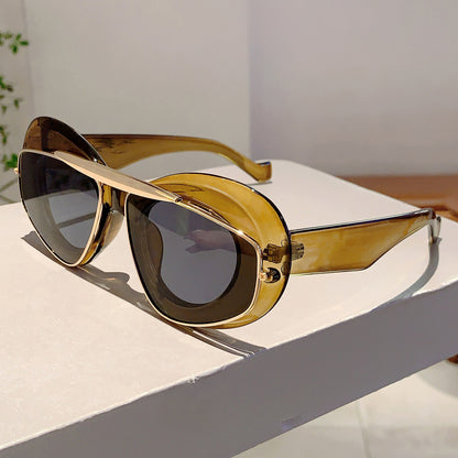 Bold round frame sunglasses with gold bar+ thick arms