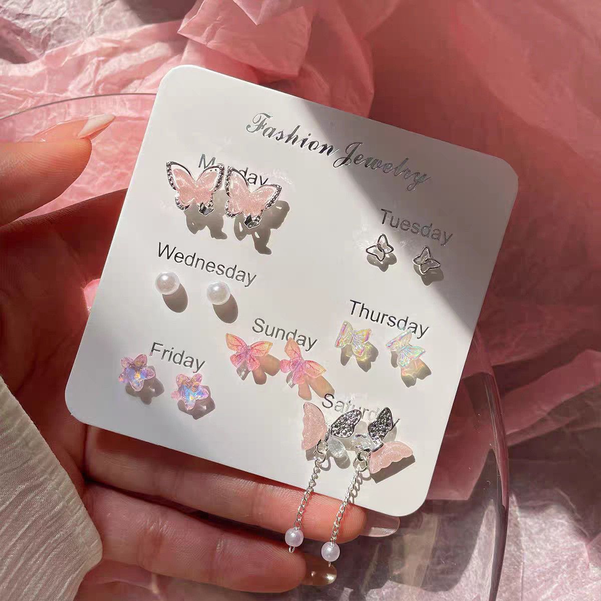 Cute pink butterfly earring set